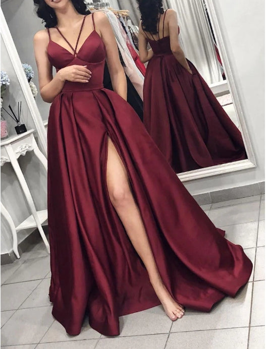 Simple burgundy satin long prom dress burgundy formal prom dress