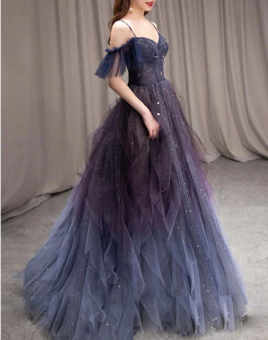 Purple sweetheart neck tulle long prom dress purple formal prom dress
