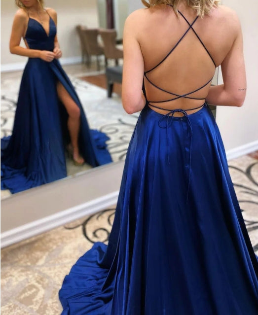 Blue v neck satin long prom dress blue formal prom dress