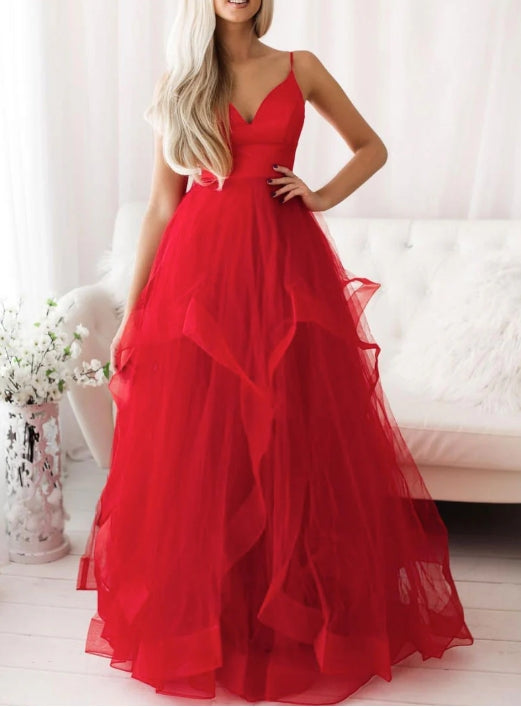 Red v neck tulle long prom dress red tulle prom dress