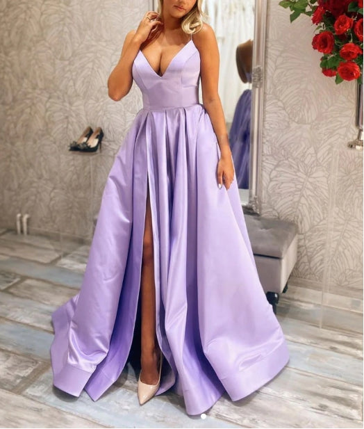 Simple v neck purple satin long prom dress purple prom dress