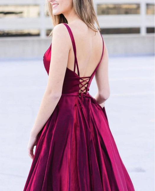 Simple burgundy satin long prom dress burgundy formal prom dress