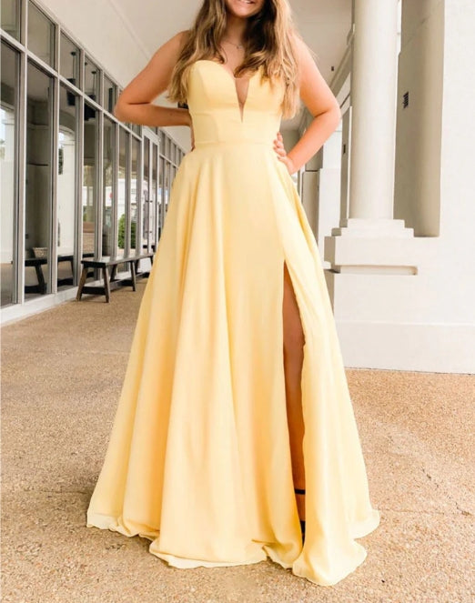 Simple yellow satin long prom dress yellow formal prom dress
