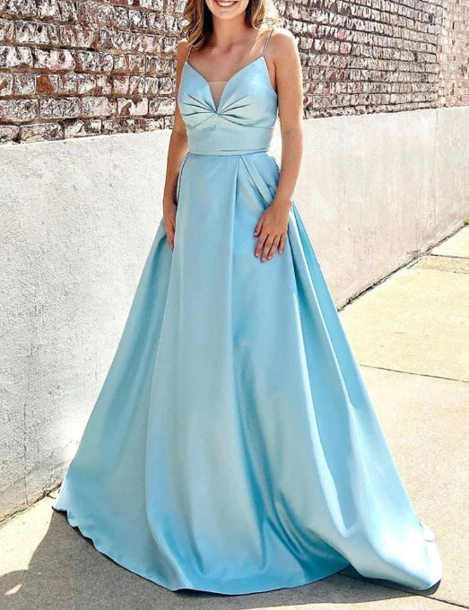 Blue v neck satin long prom dress blue long prom dress