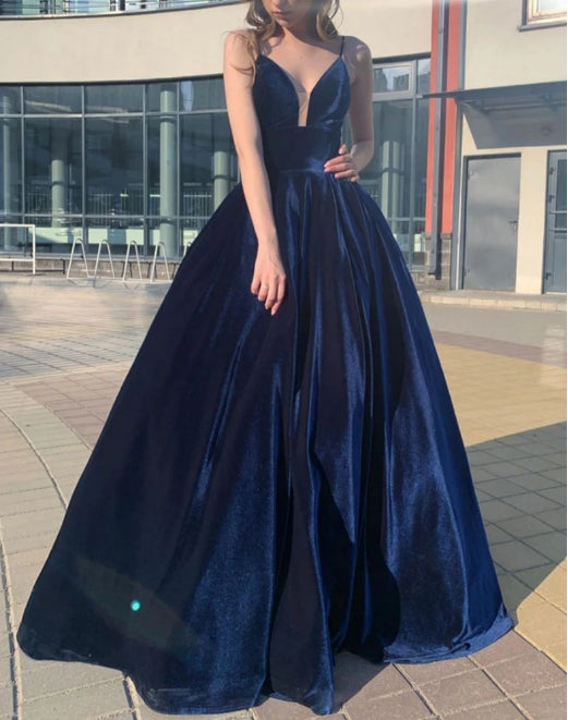 Simple v neck blue long prom dress blue formal prom dress