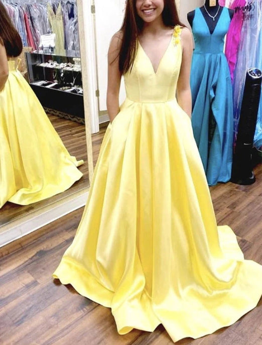 Simple yellow satin long prom dress yellow formal prom dress