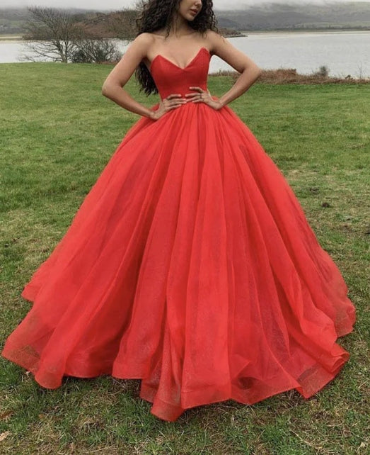 Red sweetheart tulle long prom dress red formal prom dress