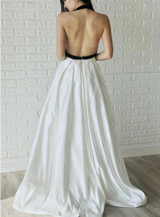 Simple white v neck satin long prom dress white prom dress