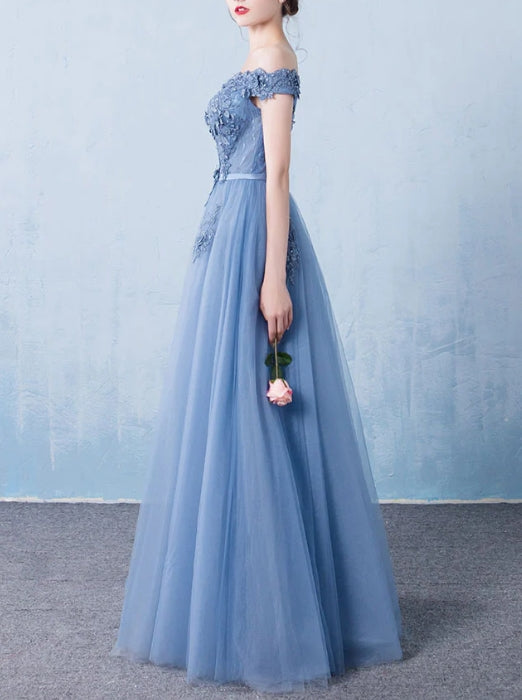 Blue off shoulder lace tulle long prom dress blue lace prom dress