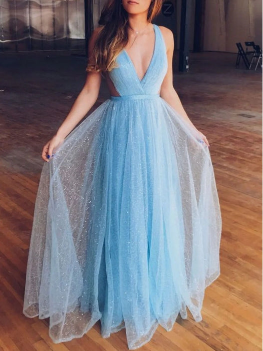 Blue v neck tulle long prom dress blue tulle prom dress