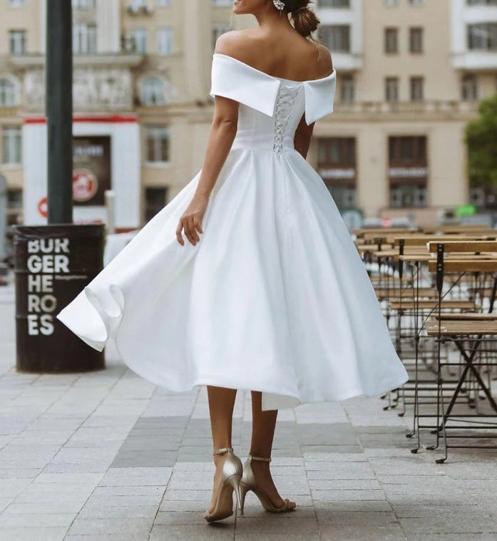 White Dresses Formal Wedding Dresses A-Line Off Shoulder Short Sleeve Tea Length Satin Bridal Gowns With