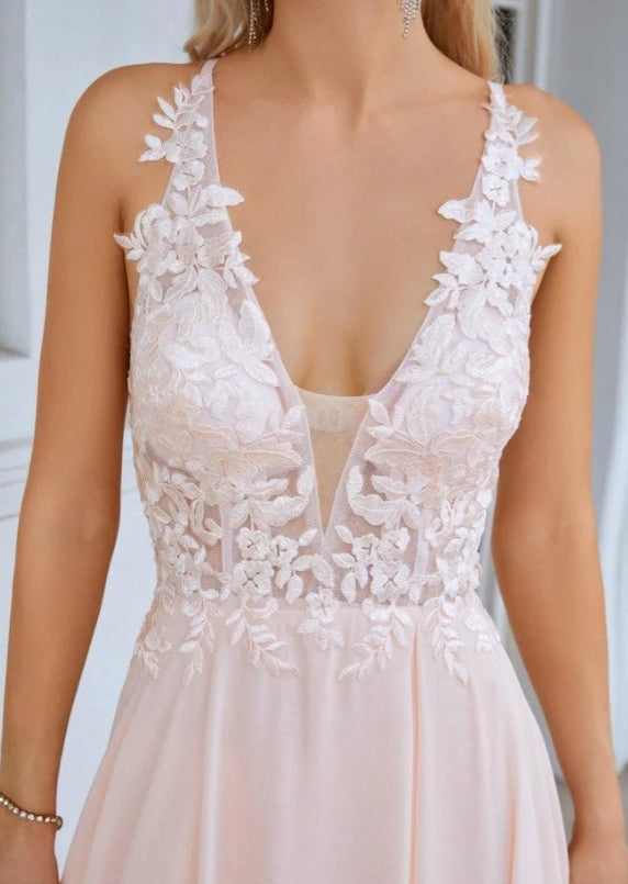Ladies V Neck Front Slit Lace Spaghetti Strap Chiffon Prom Dress Evening Dress