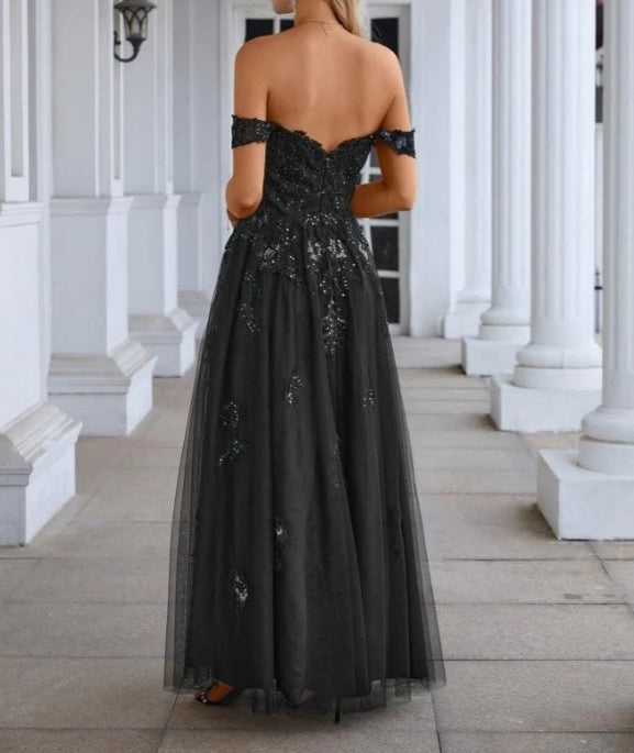 V Neck Hanging Sleeves Tulle Embroidery Floor Length Evening Dress Prom Dress