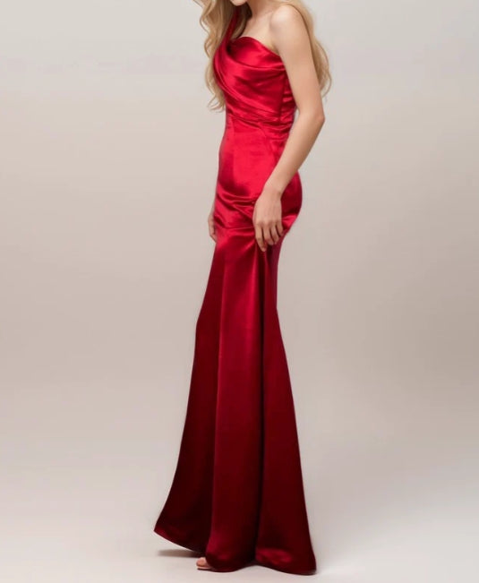 Sexy one shoulder pleated bodice mermaid silky satin prom dress