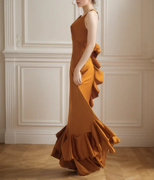 Vintage Deep V neck low back pencil skirt ruffled silky satin prom dress