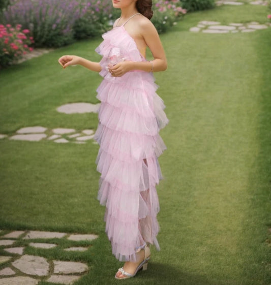 Haltered Sliding Ruffle Layered Hem fit and flare tutu ankle length tulle prom dress