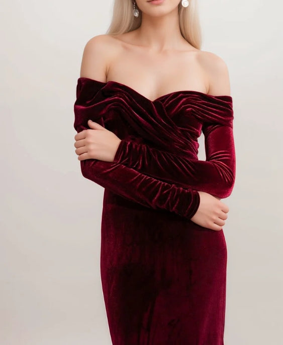 Off-the-shoulder Ruched neckline Long Sleeves fit and flare Velvet Prom Dress