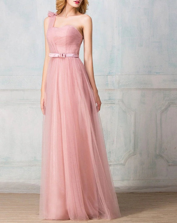 Sweetheart one-shoulder floor-length tulle long prom dress