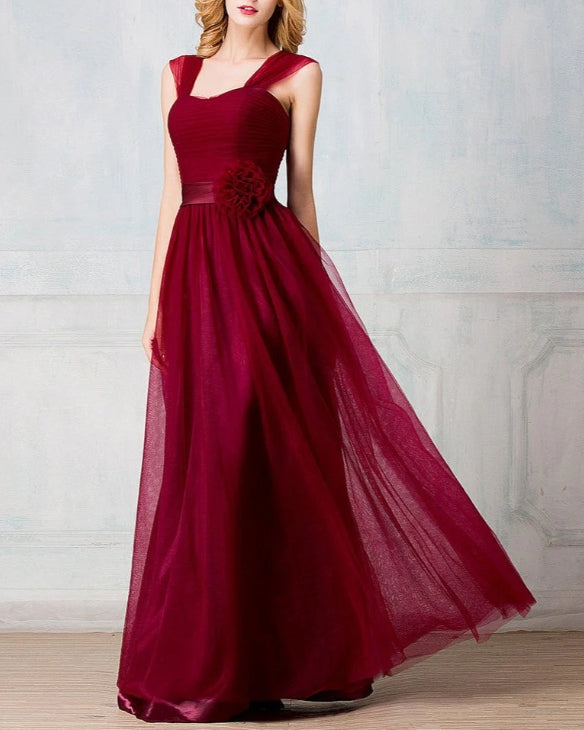 Sweetheart tulle-strap floor-length long prom dress