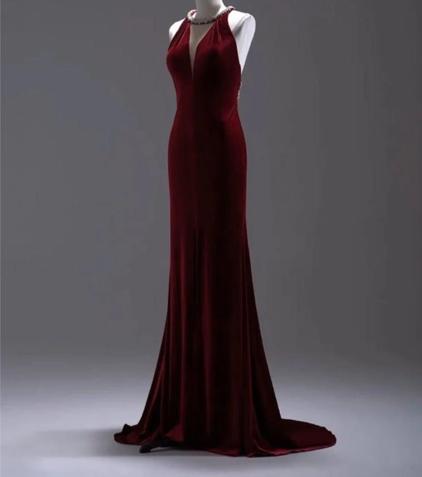 Burgundy Velvet Backless V-neck Mermaid Evening Gown With Crystal Chain Back