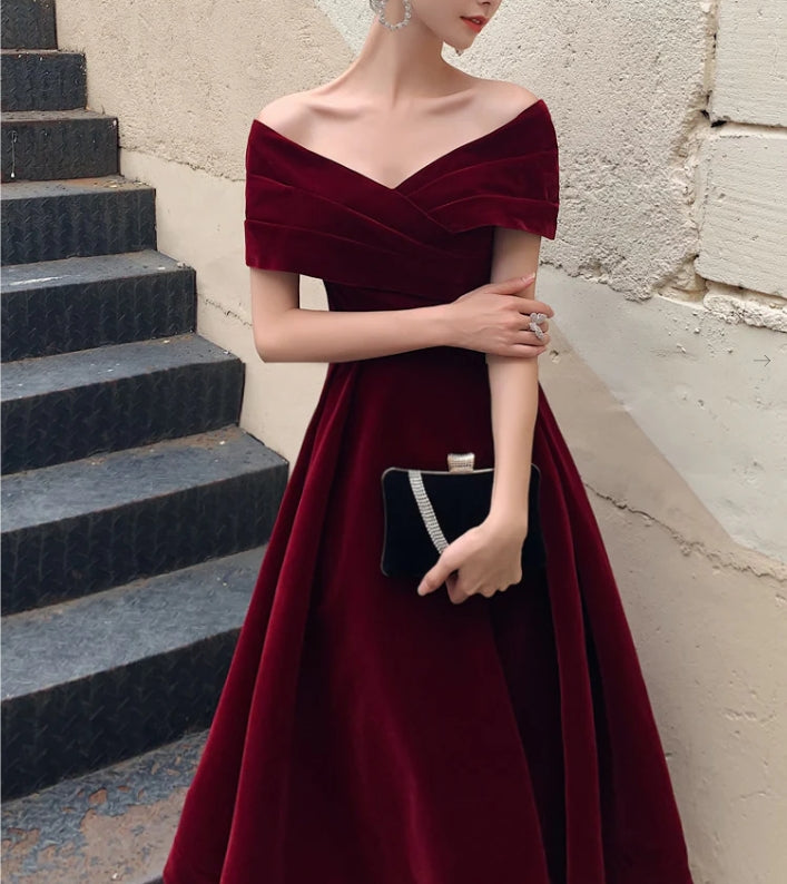 A-Line Burgundy off Shoulder Tea Length Prom Dress Burgundy Formal Evening Dress