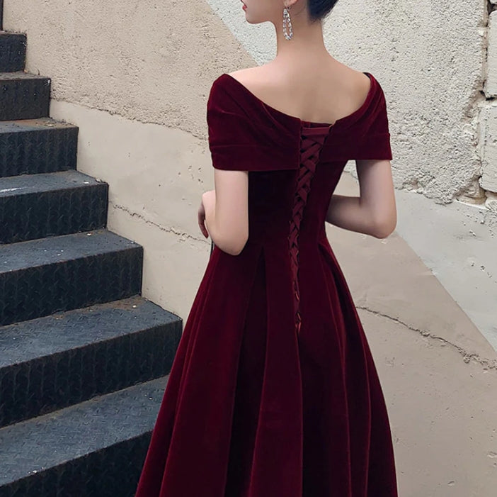 A-Line Burgundy off Shoulder Tea Length Prom Dress Burgundy Formal Evening Dress