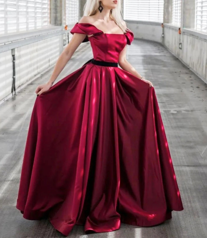 A-Line Off Shoulder Satin Burgundy Long Prom Dress Burgundy Formal Evening Dress