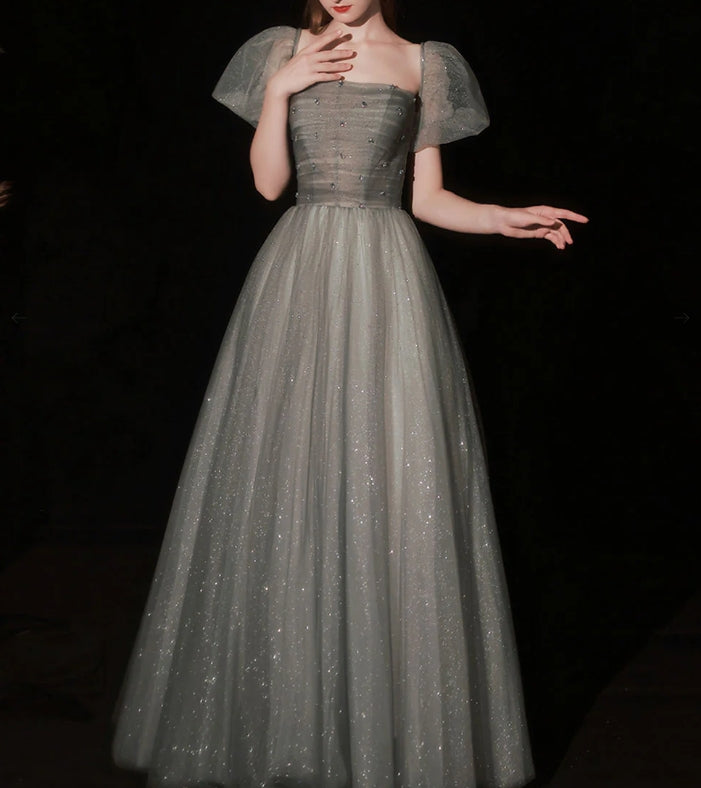 A Line Gray Long Prom Dress Gray Tulle Sequin Evening Dresses