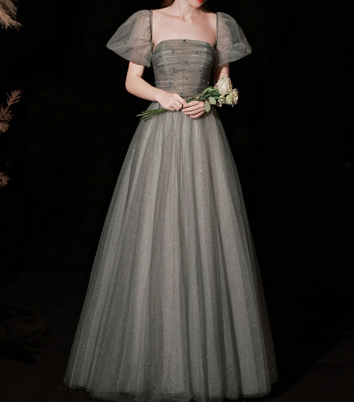 A Line Gray Long Prom Dress Gray Tulle Sequin Evening Dresses