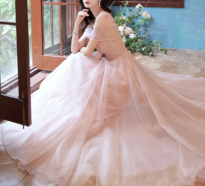 A Line Pink Long Prom Dresses Off Shoulder Pink Formal Evening Dresses