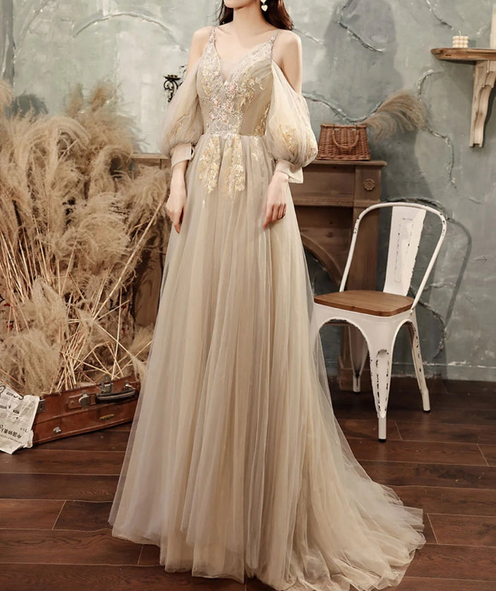 Champagne A line Tulle Lace Long Prom Dress Lace Formal Evening Dress