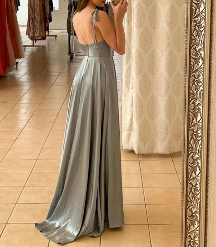 Simple Gray A Line Satin Long Prom Dress Gray Long Evening Formal Dress
