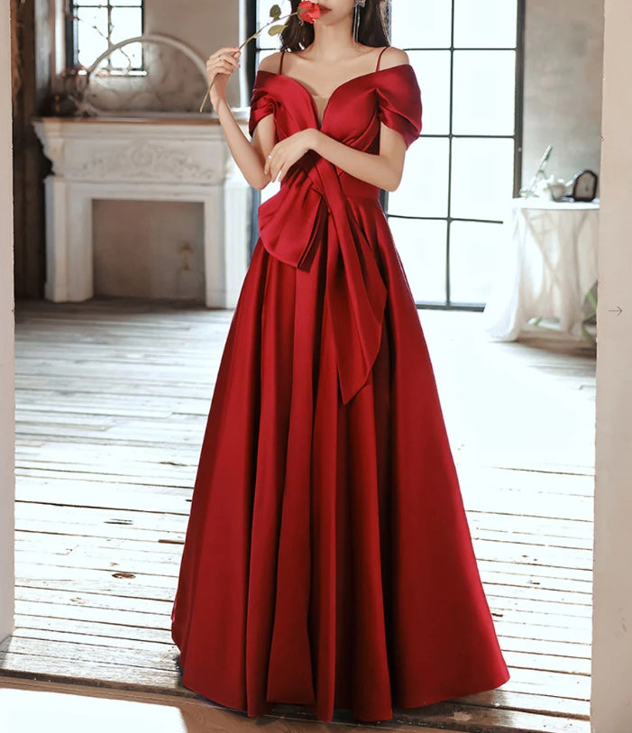 Burgundy Off Shoulder Satin Long Prom Dress Burgundy Evening Dress