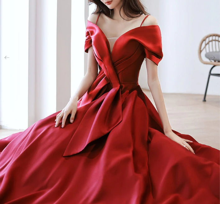 Burgundy Off Shoulder Satin Long Prom Dress Burgundy Evening Dress