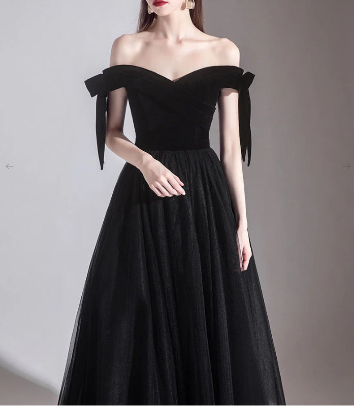 Simple Black Off Shoulder Tulle Long Prom Dress Black Evening Dress
