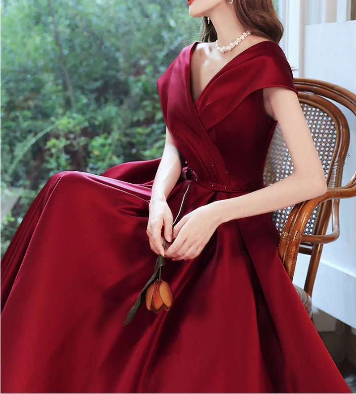 Burgundy V Neck Satin Long Prom Dress Burgundy Evening Dress