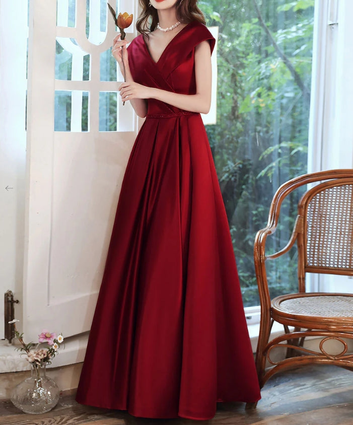 Burgundy V Neck Satin Long Prom Dress Burgundy Evening Dress
