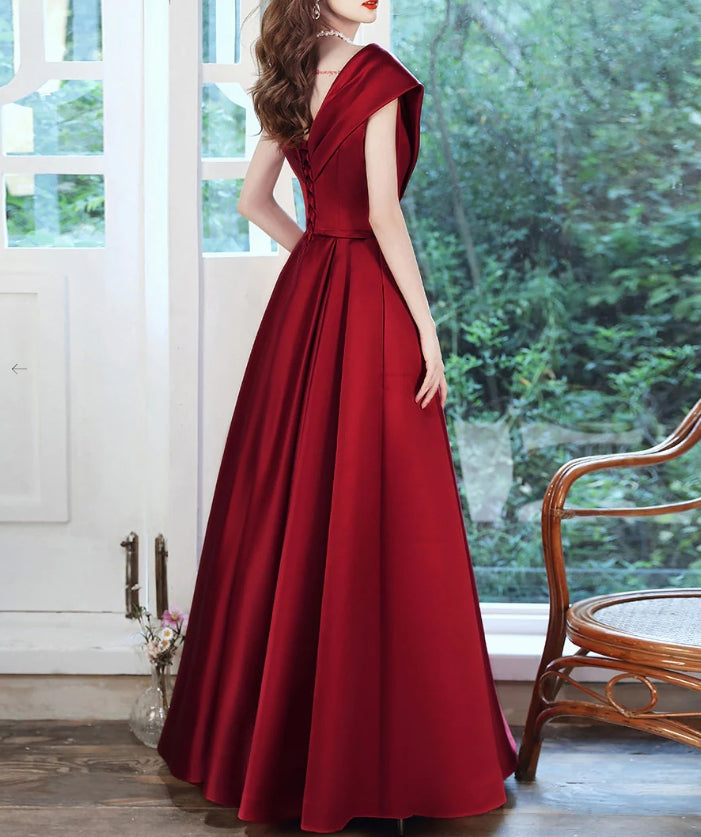 Burgundy V Neck Satin Long Prom Dress Burgundy Evening Dress