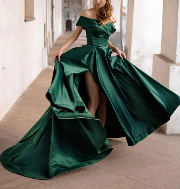 Simple Off Shoulder Satin Green Long Prom Dress Green Evening Dress