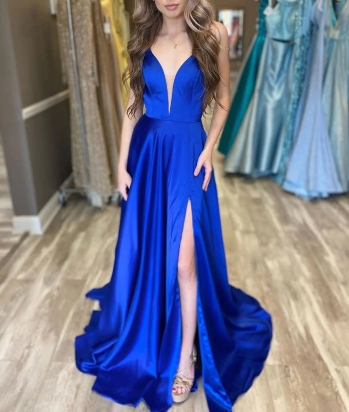 Simple V Neck Satin Blue Long Prom Dress Blue Evening Dress