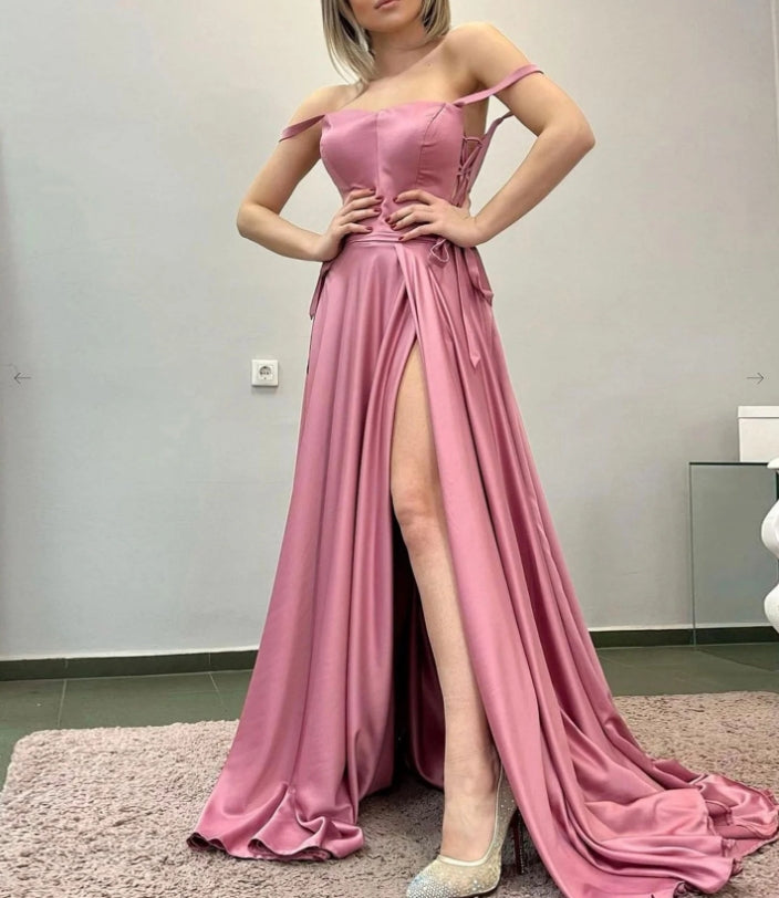 Simple A Line Satin Long Pink Prom Dress Pink Evening Dress