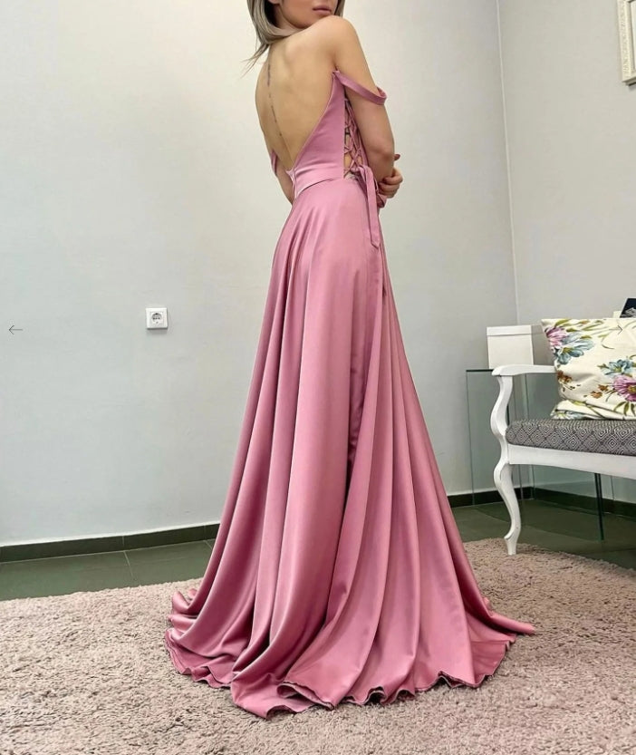 Simple A Line Satin Long Pink Prom Dress Pink Evening Dress