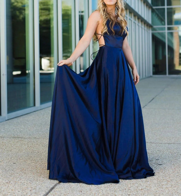 Simple Blue Satin Long Prom Dress Blue Backless Evening Dress