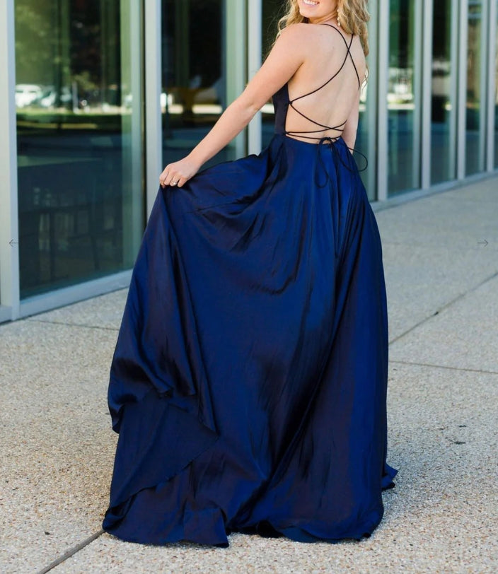 Simple Blue Satin Long Prom Dress Blue Backless Evening Dress