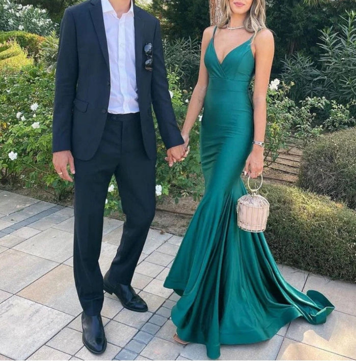 Simple Stain V Neck Mermaid Green Long Prom Dress Green Evening Dress