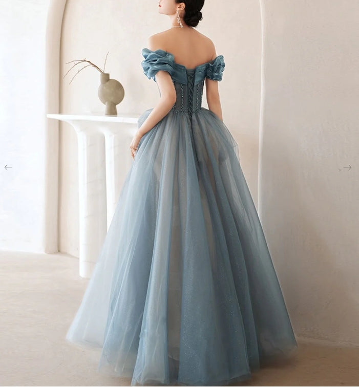 Blue Off Shoulder Satin Long Prom Dress Blue Satin Evening Dresses