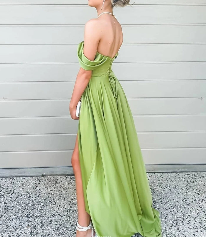 Simple Green Off Shoulder Satin Long Prom Dress Green Evening Dress