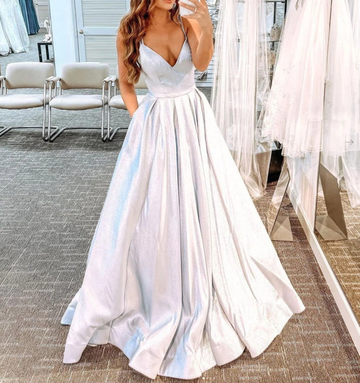 Silver V Neck Satin Long Prom Dress Silver Long Evening Dress