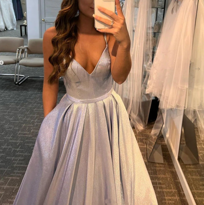Silver V Neck Satin Long Prom Dress Silver Long Evening Dress