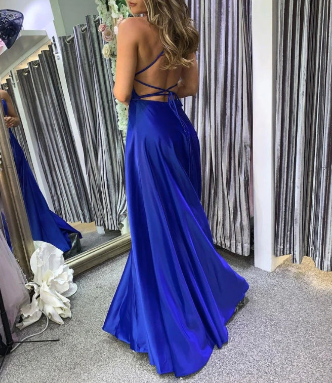Simple Blue Satin Long Prom Dress Blue Satin Evening Dress